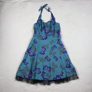 Blue Green Retro Butterfly Halter Fit Flare Dress